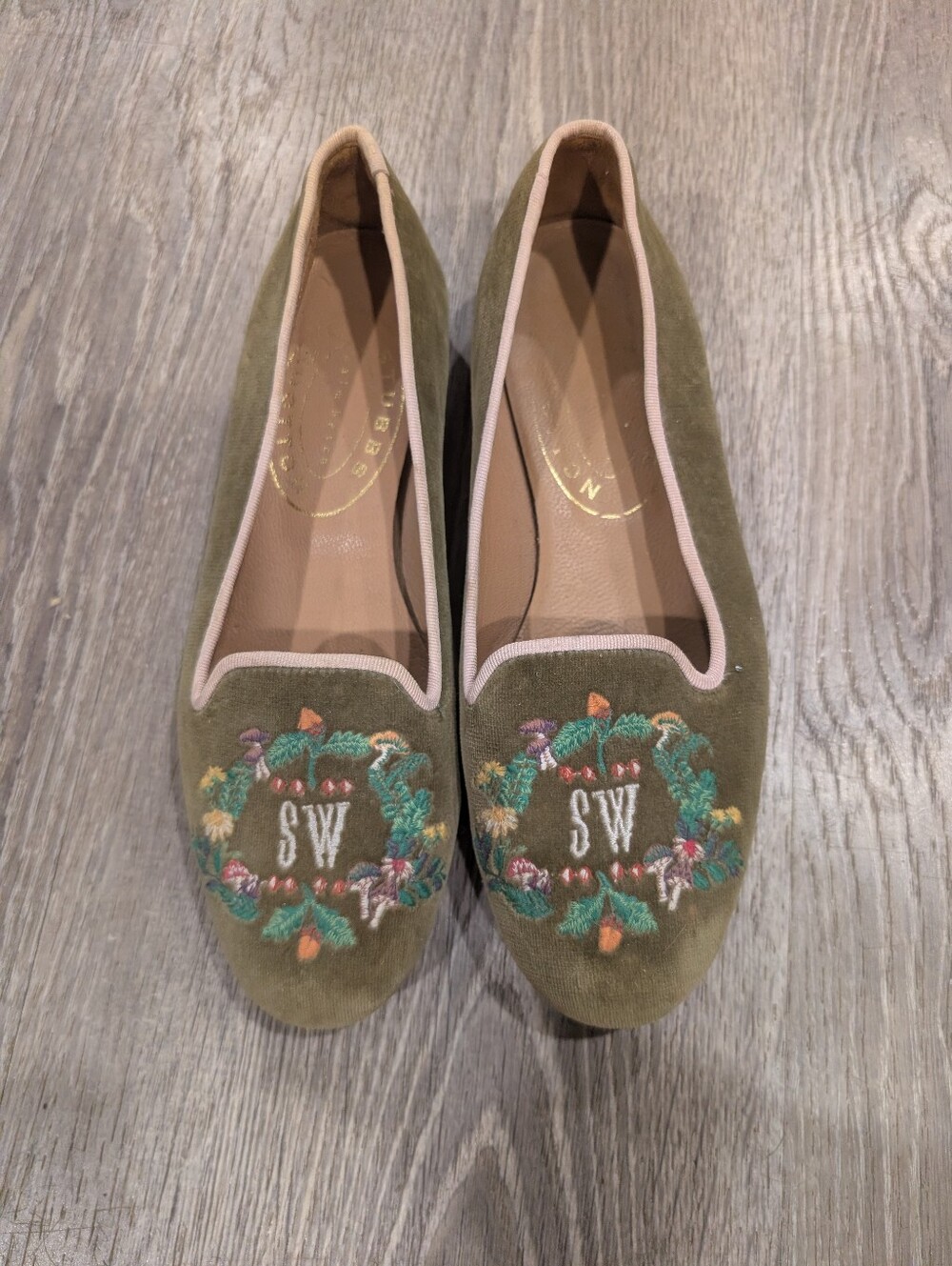 Stubbs & Wootton Green Velvet Embroidered Floral Slip-On Loafer Flat Womens 7.5